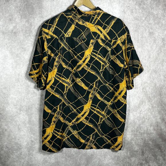 Perry Richards Silk Shirt Mens Medium Black Yellow Abstract Print Button Up Club - Picture 6 of 10